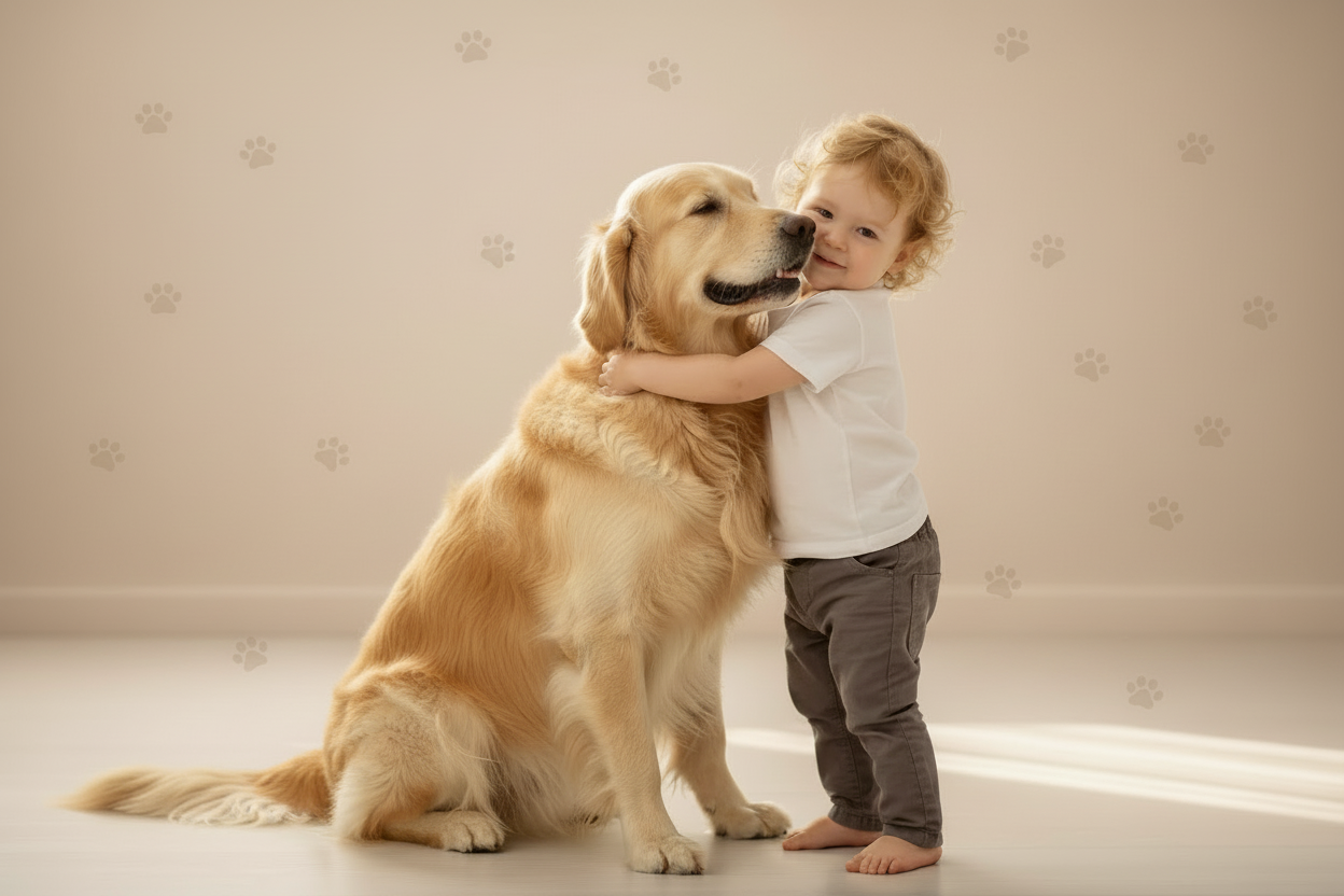 egy kutya és egy kis gyerek öleli egymást világos a háttér és apró mancs lenyomatok legyenek az ablaknál picit sötétebb legyen a fény és alul legyen világosabb